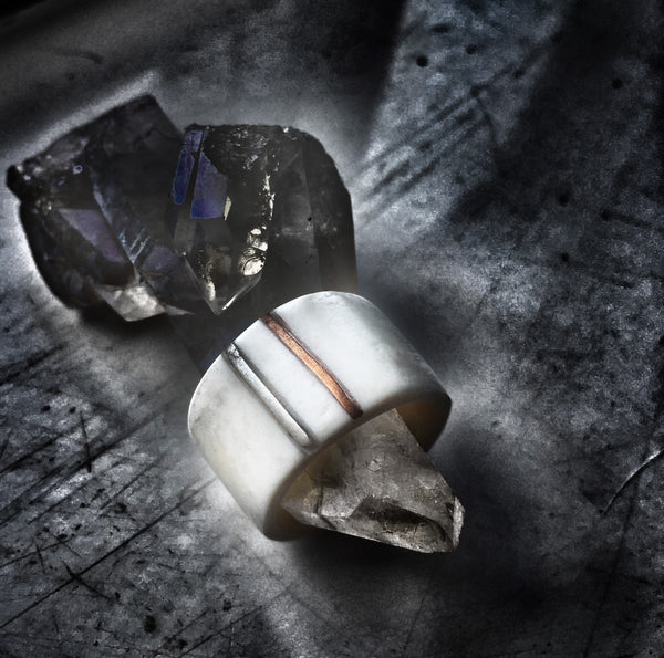 Contemporary, bone ring with silver and copper.