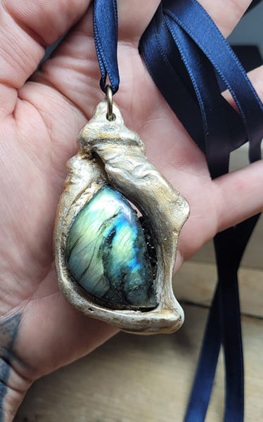 Seashell, Labradorite and Pyrite pendant