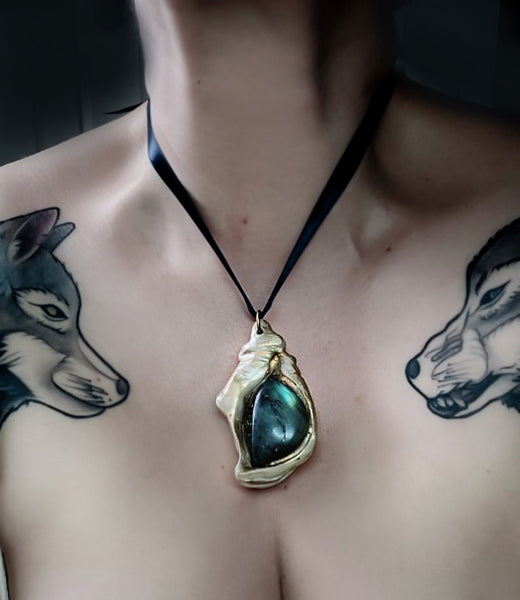 Seashell, Labradorite and Pyrite pendant